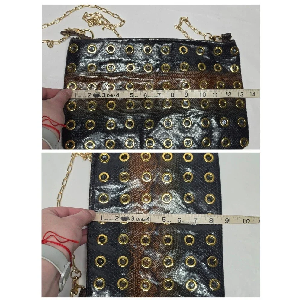 LOGO by Lori Goldstein Brown Snakeskin Print Gold Eyelets Clutch Bag Style 80s